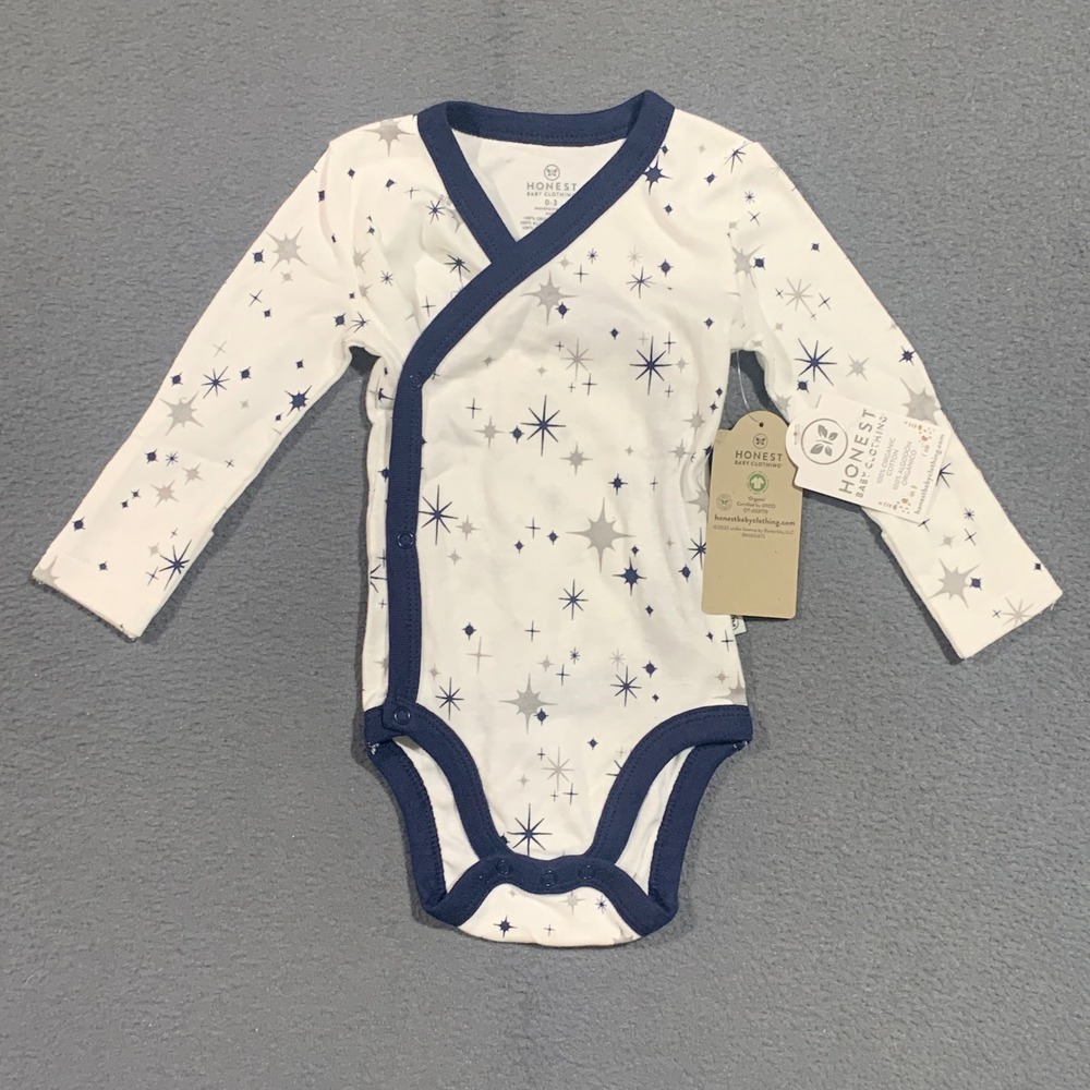 Honest Baby Organic Cotton Kimono Long Sleeve Bodysuit 0-3M‎ White Navy Stars